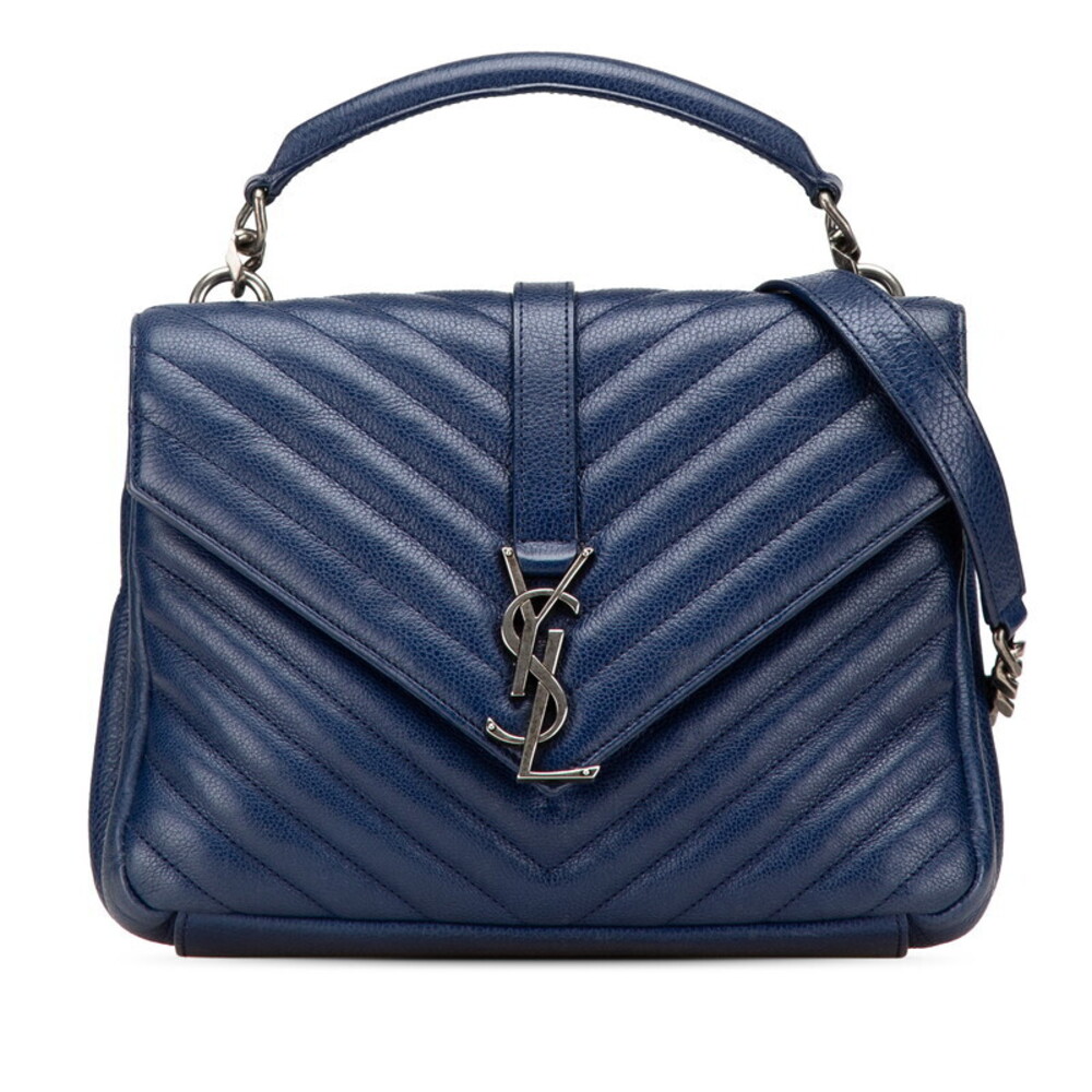 Saint Laurent YSL Monogram College Chain Shoulder Bag Blue Leather